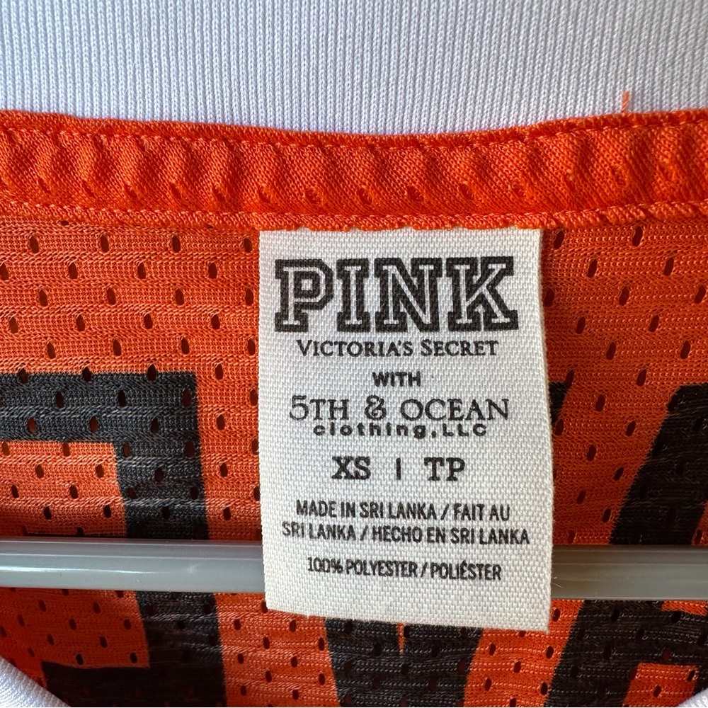 PINK Victoria's Secret Orange Mesh V-Neck Jersey with Black Logo - Picture 5 of 7